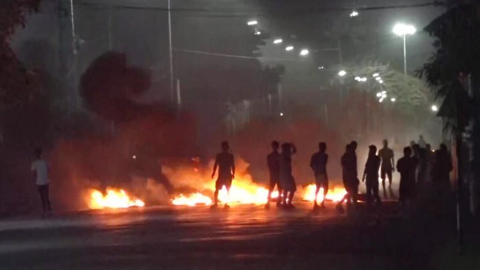 Tyres set on fire by miscreants amid violence in Imphal. Credit: PTI Photo Tyres set on fire by miscreants amid violence in Imphal. Credit: PTI Photo